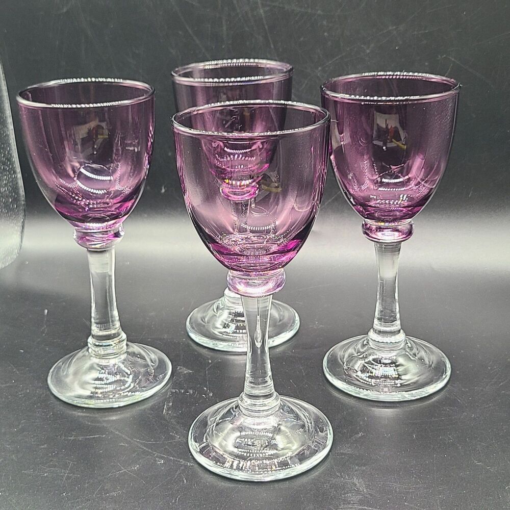 set (4) Vintage Wine Glasses  Amethyst Purple Goblets Barware 7 oz 7.75" tall